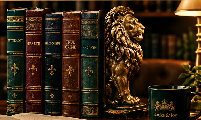 Books & Joy shelf with lion bookend